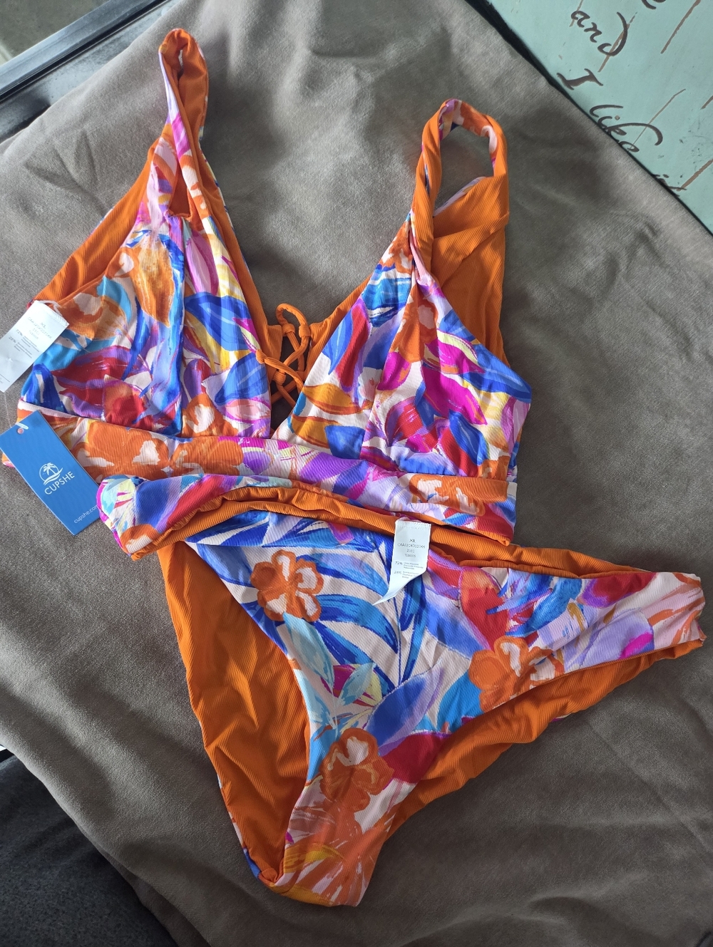 Cupshe Bright Orange Multicolor Floral Lace-Up Bikini XL